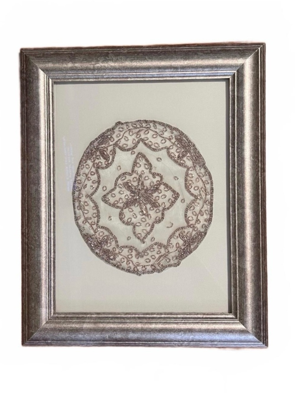 Framed Silver Lace and Beaded Antique Doily Wall Art - Home Accents